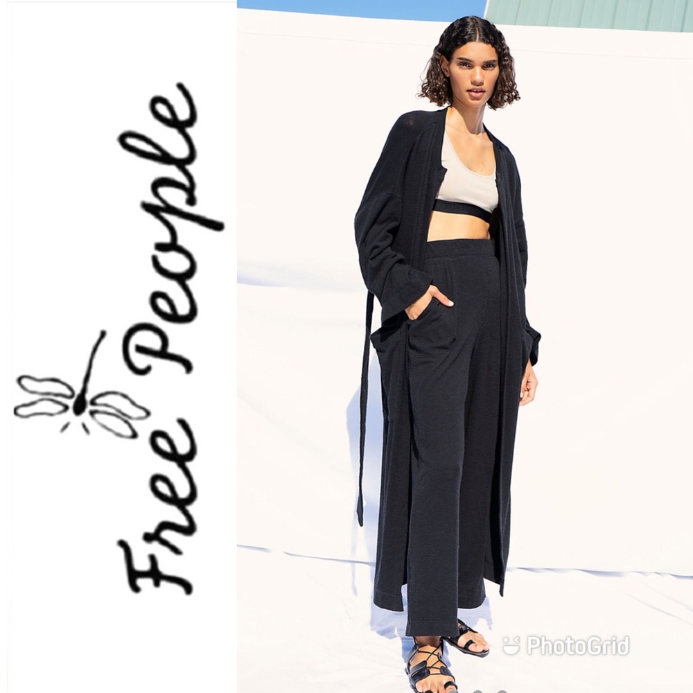 NEW FREE PEOPLE Black Knit 3pc Lounge Set Longline Cardigan, Sweater & Pants XS